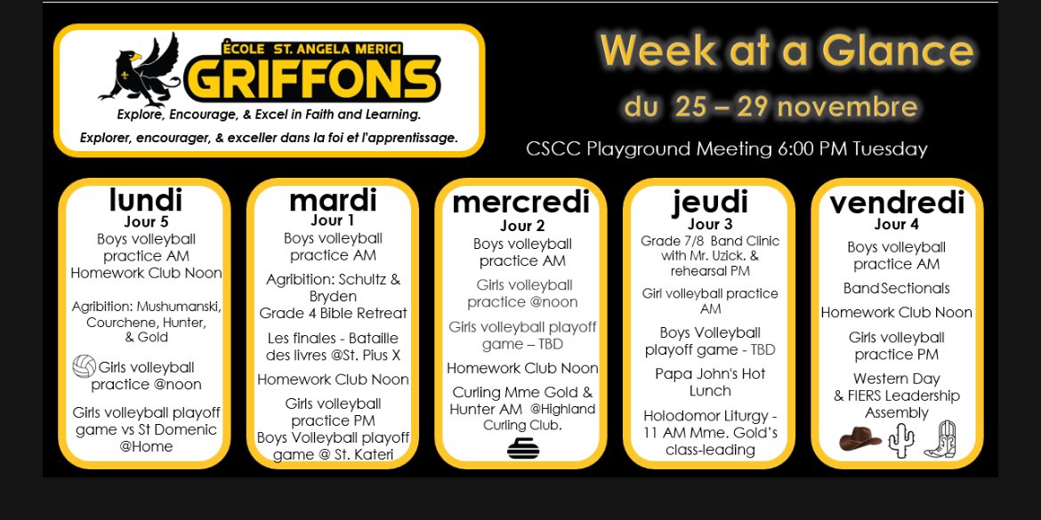Tons of activities going on with field trips, volleyball, Bataille des livres finals, &amp; the CSCC hot lunch! We will celebrate Agribition with Western Day on Friday. Wear your jeans, boots, plaid, cowboy hats and giddy-up! #Great2BGriffons 🙌🤠🌵👢🐴