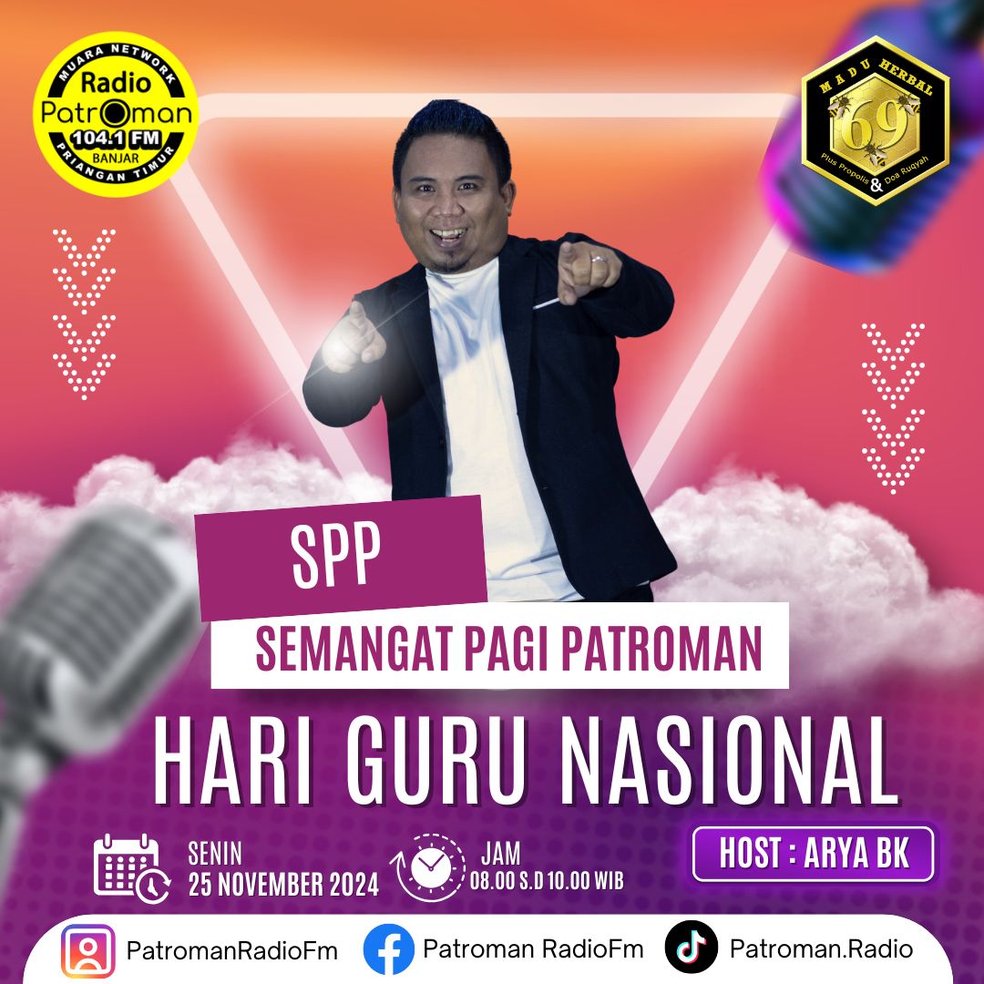 Assalamualaikum yuk semangat diSPP sampai jam 10 pagi nanti bareng Arya BK 
dengan Info2 terkini dan Tips2 menarik pastinya dan di dukung MADU HERBAL 69
#harigurunasional #Spp #semangatpagipatroman #madu69 #maduherbal #maduhitam #maduaulia #madumanis #pagi #semangatpagi