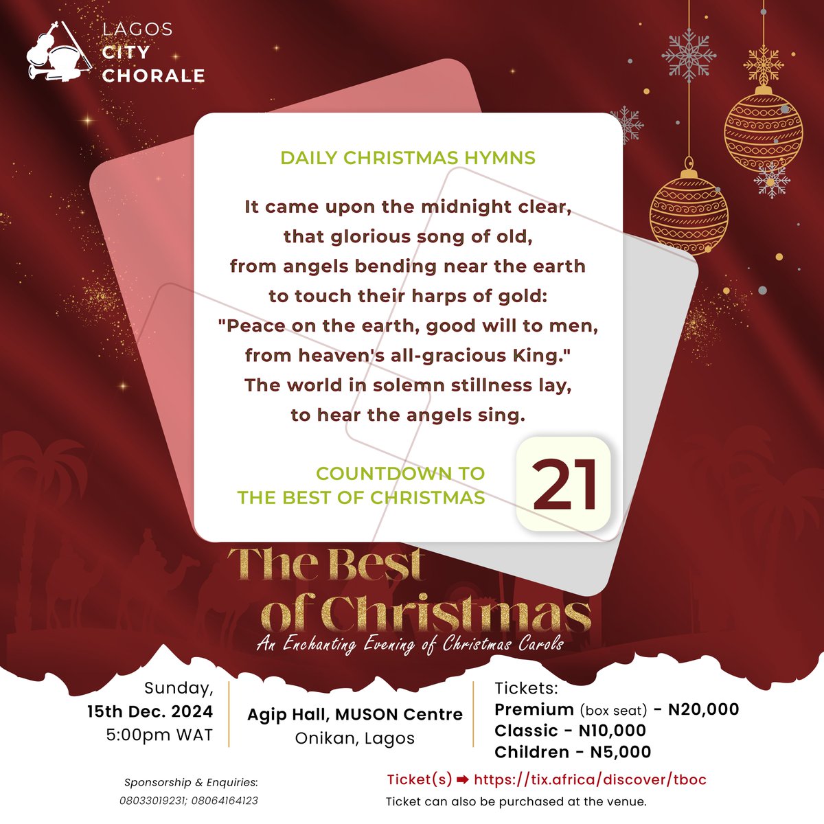 This beloved hymn has been a staple of Christmas celebrations for over a century, reminding us of the importance of peace, love, and hope during the holiday season.

Join Lagos City Chorale as we celebrate the magic of Christmas on 15th December

tix.africa/discover/tboc