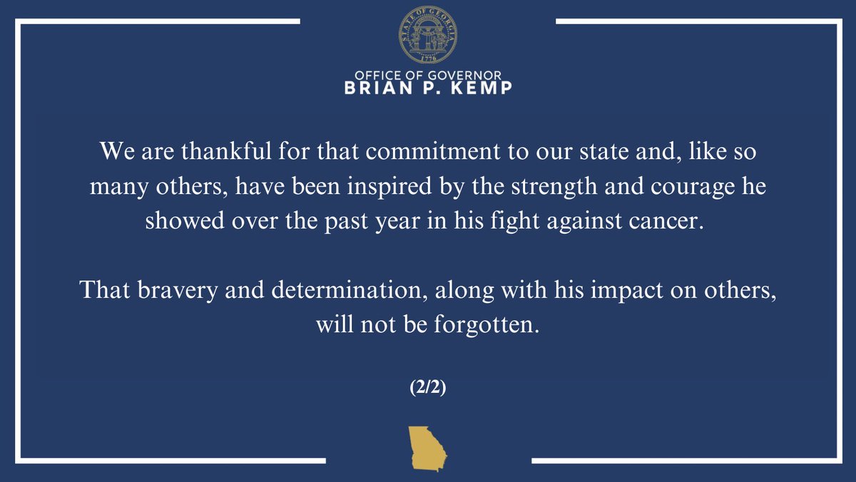 GovKemp's tweet image. Please see my statement on the passing of Commissioner Bruce Thompson:
