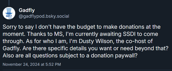 gadflypod's tweet photo. @SophicManatee Truly wild. Also this is the, thus far, unanswered reply to his attempt at fundraising https://t.co/En7WparYhU