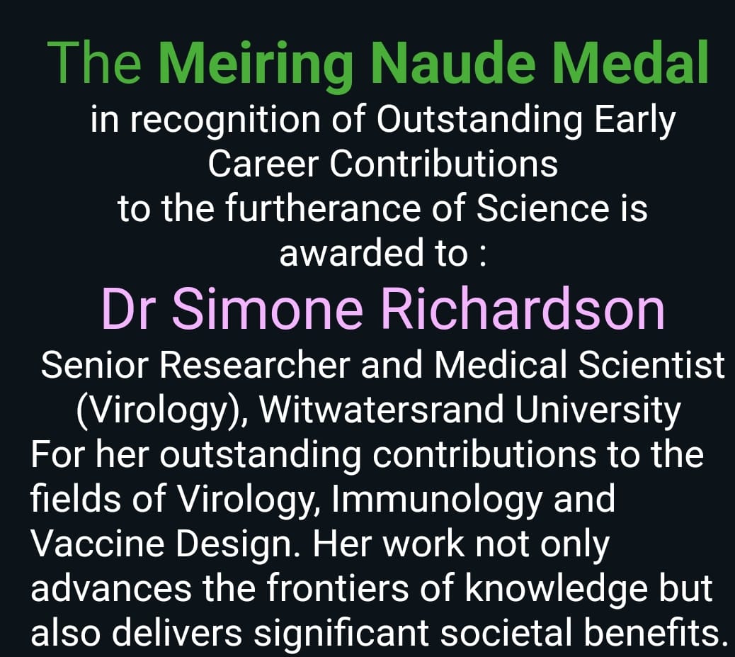 AIRU (@airu_samrc) on Twitter photo Congrats to our very own Dr Simone Richardson <a href="/cueEVILlaugh/">Simone Richardson PhD</a> for being awarded the prestigious Meiring Naude Medal from the Royal Society of South Africa for 2025! royalsocietysa.org.za/index.php/2020… Congrats to our very own Dr Simone Richardson <a href="/cueEVILlaugh/">Simone Richardson PhD</a> for being awarded the prestigious Meiring Naude Medal from the Royal Society of South Africa for 2025! royalsocietysa.org.za/index.php/2020…