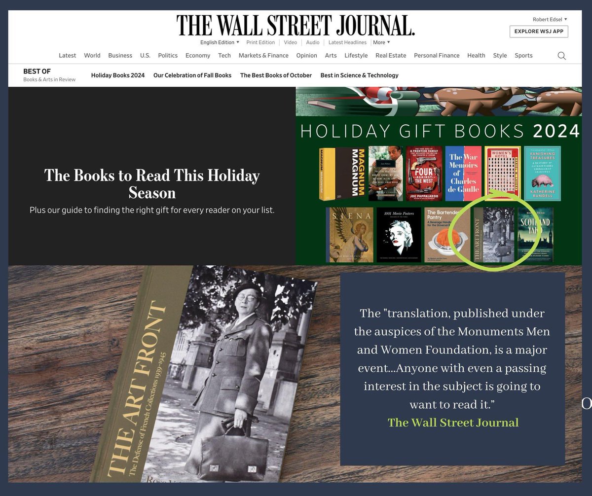 RobertEdsel's tweet photo. 🎁 #TheArtFront is on the @WSJ list of "The Books to Read This Holiday Season" ! ✨
🛒 The book is available in the @MonumentsMWfnd online store and on @amazon: https://t.co/EdTmbBc123
#RoseValland #MonumentsWoman #HolidayGiftGuide https://t.co/1BRW0ESZ1D