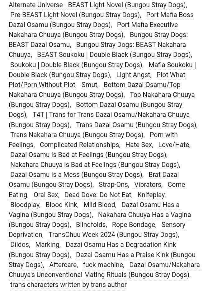 «Solace In You», my contribution to #Transchuuweek2024.

✦ 5.4k words.
✦ PW/oP / Porn With Feelings.
✦ DD : DNE, READ TAGS.
✦ BEAST AU.

#skk #soukoku #bsd #chuuzai #chuzai #中太