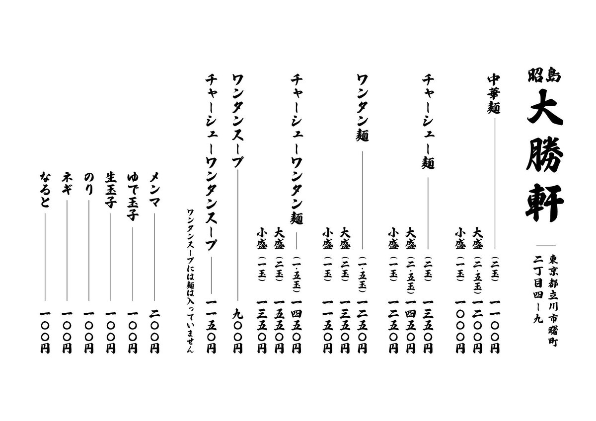 【本日 昭島大勝軒（立川駅北口）開店】
本日11:00 昭島大勝軒が開店いたします。
当面の間は売切れ次第閉店となります。新たな昭島大勝軒をどうぞよろしくお願い申し上げます。
==
昭島大勝軒（JR立川駅北口徒歩２分）住所：立川市曙町2-4-9YTMエテルナ1F 営業時間：11:00-21:00(LO20:30)定休日：なし
