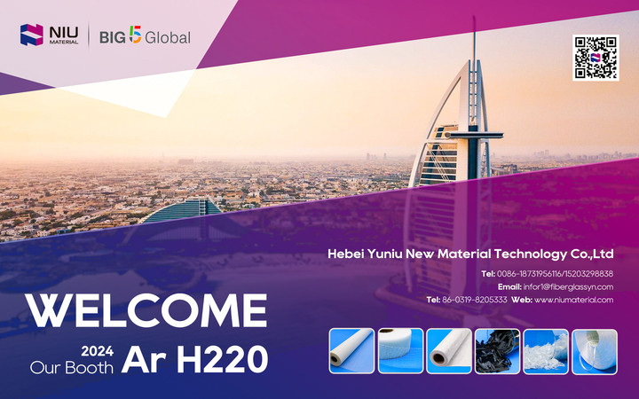 Hello! Yuniu sincerely invites you to attend the World Trade Centre Dubai from November 26th to 29th, booth number is AR H220.
Yuniu professional team looks forward to discussing the most cutting-edge fiberglass materials and application solutions with you.