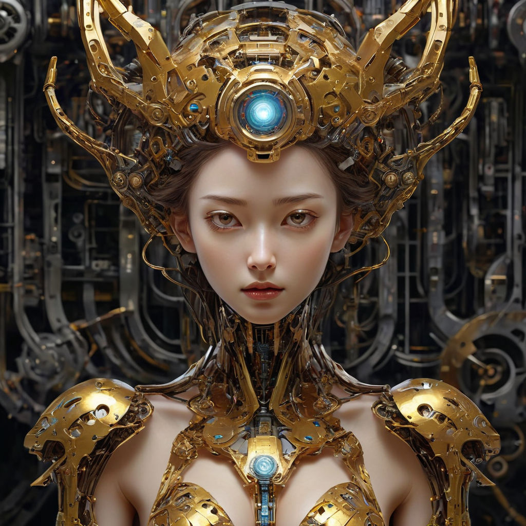 iAmAi_NFT's tweet photo. The fusion of organic beauty and mechanical precision.  A mesmerizing portrait.  ✨🤖 #TechChic #FeminineFuturism #GoldenGoddess https://t.co/vvACkmRKfo