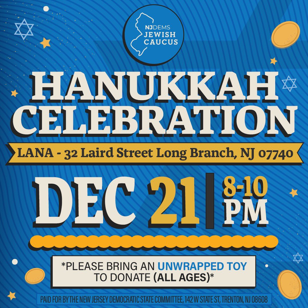 JewishDemsNJ's tweet photo. We are excited to host our second annual Hanukkah party! Please bring an unwrapped toy, grab a drink, and let’s raise a toast to celebrate the holidays! All are welcome to join us! Let’s raise a cup, Mazel tov! 

RSVP https://t.co/YwonB8WIhQ https://t.co/n2QscyHDeL