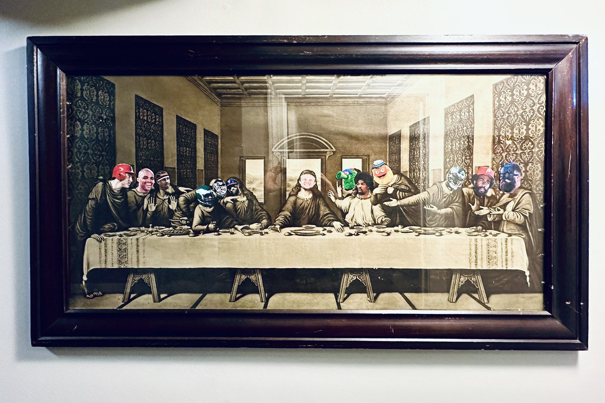 SillyJillyStein's tweet photo. This is such iconic Philly….(photo taken at a dear friend’s house of a photo he brilliantly altered. The Last Supper: Philly version by @samspram 🙌🏻) @sixers @Eagles @NHLFlyers @Phillies @SportsRadioWIP @PrestonSteve933 @mor100 @barstoolsports @newheightshow https://t.co/GsyLcEuzh2
