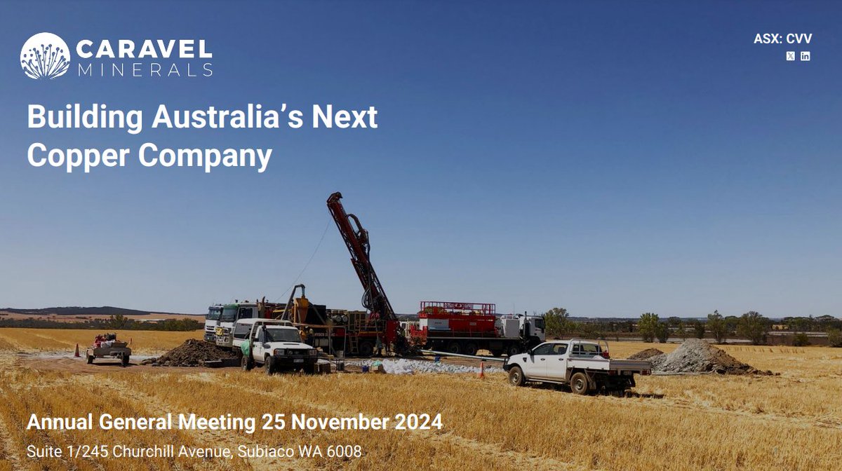 CaravelMinerals's tweet image. Caravel Minerals is pleased to release the presentation for this morning's Annual General Meeting.
Shareholders and investors are invited to register for the presentation live stream here: ow.ly/CAoO50UewJK
$CVV #AGM #investors #shareholders #copper #exploration #ASX
