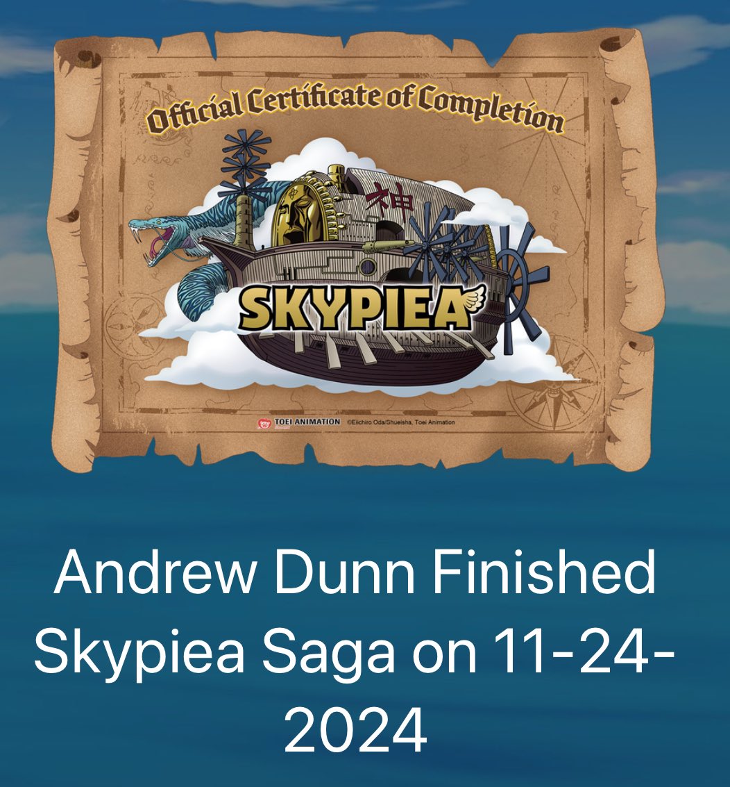 AndrewNDunn's tweet photo. Trying to catch up with One Piece. Skypeia is complete. Decided to do the logbook to see how long it will take me! Starting Water 7 as we speak.  #ONEPIECECHALLENGE https://t.co/IOLKPQKUpX