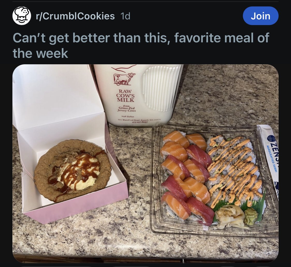 lilgrapefruits's tweet photo. Guy who thinks pasteurized milk will kill you but crumbl cookies are probably fine https://t.co/r5w9qejDcL