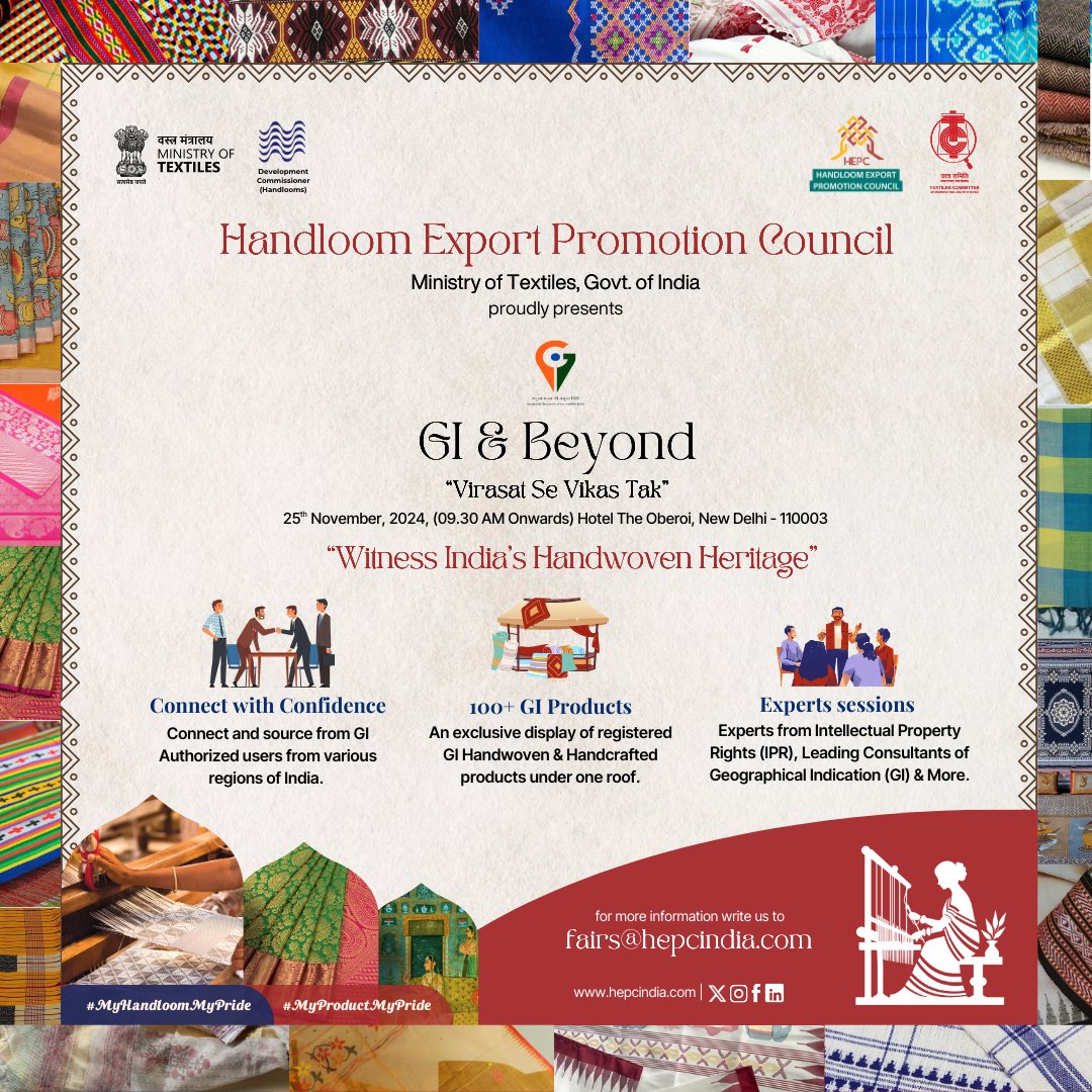 HEPC_India's tweet photo. GI &amp; Beyond, "Virasat Se Vikas Tak".
25th November, 2024.

#MyHandloomMyPride #MyProductMyPride #WeavesofIndia #Vocal4Local #GeographicIndication #GIandBeyond #dchandlooms #texminindia #hepc #textilecommunity https://t.co/7axo53g9Kk