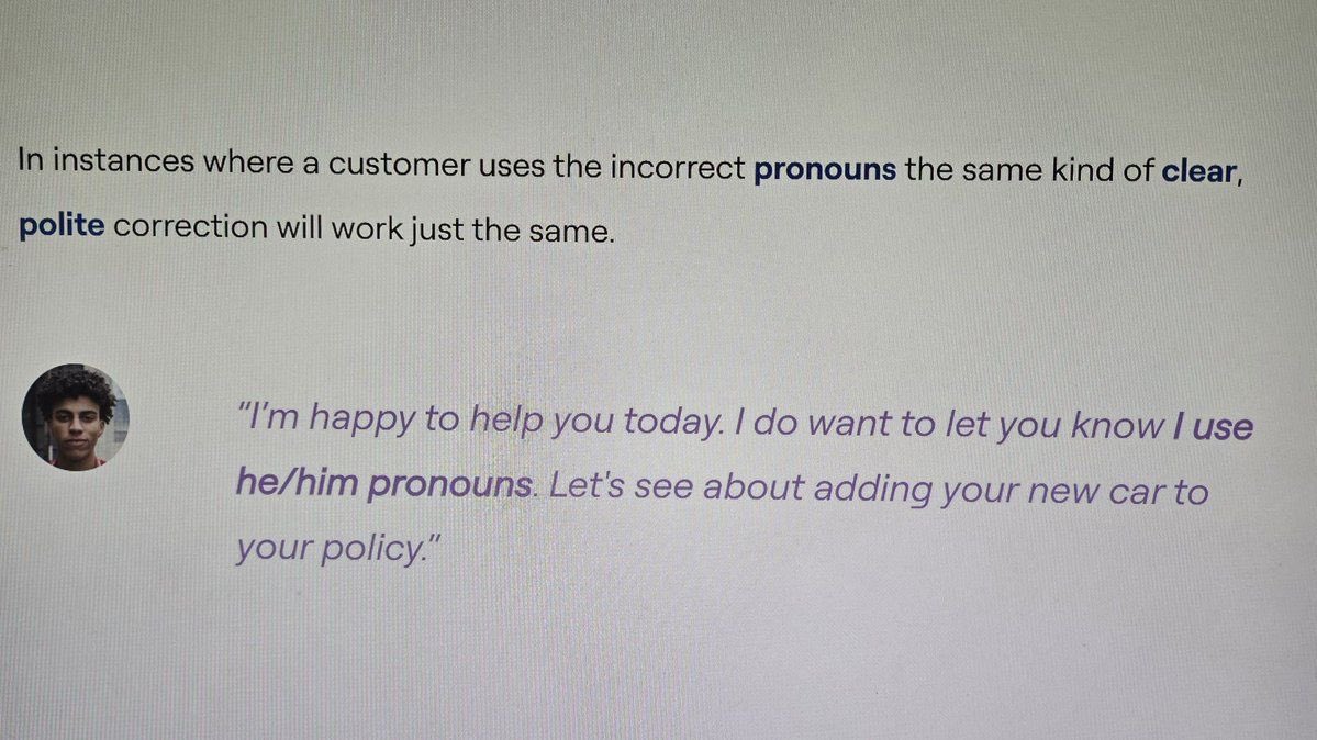 libsoftiktok's tweet photo. SCOOP: Employees at @Geico are being forced to complete mandatory training courses instructing them to provide their pronouns when engaging with customers and how to deal with being misgendered.

Yet another company pushing gender ideology nonsense. We the people want this insanity to end!!