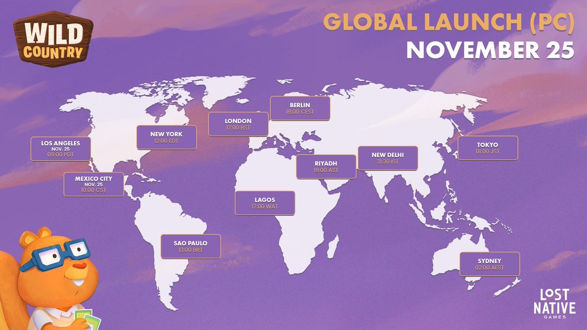 The wait is almost over! Wild Country is launching worldwide tomorrow! 🚀

Set your clocks for when it will launch in your time zone tomorrow ⏰ 

Wishlist now to be the first to play!➡️ s.team/a/1515000