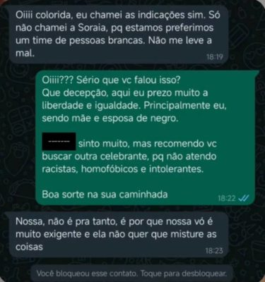 poptime's tweet photo. Noiva racista exige que a equipe do seu casamento seja composta por pessoas brancas e leva um FECHO:

"Oiiii??? Que decepção, aqui prezo muito a liberdade e igualdade. Recomendo buscar outra celebrante, pq não atendo racistas, homofóbicos e intolerantes. Boa sorte." https://t.co/UpeCbWA9KC