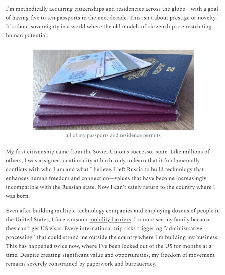 kirillzzy's tweet photo. NEW article: The Future of Citizenship

Acquiring citizenships is the best investment you can make for your future self in your 20s

Long-term, citizenship won’t be tied to your place of birth but will align with your values

Freedom of movement for everyone. LFG 👇 https://t.co/x8K4y4e3ZK