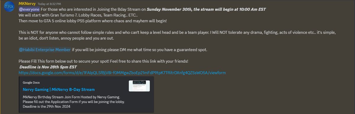 For those who are interested in Joining the Bday Stream on Sunday November 30th,   

The stream will begin at 10:00 Am EST  

The Main Event will be Gran Turismo 7 Lobby Races/Tournament, Team Racing, ETC..