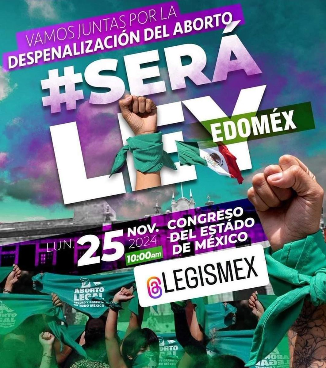 🟢 Desde Facebook de <a href="/EdomexILE/">MareaVerde Edomex</a> convocan mañana 25 nov 2024, 10 am, afuera del Congreso en Toluca, a observar el actuar de @Legismex. Tienen la oportunidad de enviar un mensaje a la sociedad: la vida y autonomía de mujeres y personas gestantes en Edomex importan. #SeráLeyEdomex