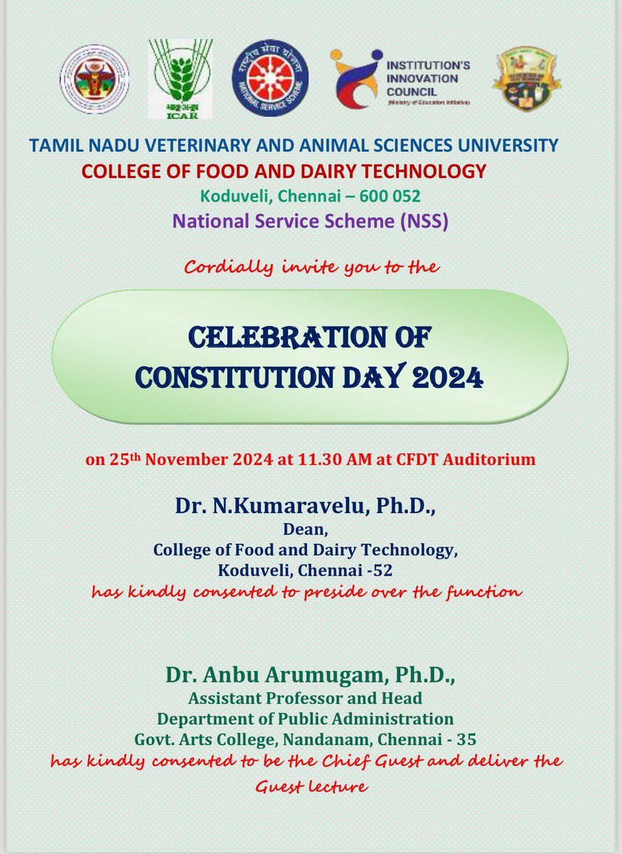 AnbuArumugam5's tweet photo. Thank you for this invitation ☺️🙏
@TANUVAS_Tweets
Will be addressing the students of College of Food and Dairy Technology about Constitutional Day that’ll be celebrated across India tomorrow
Jai Hind 🇮🇳
#samvidhandivas #ConstitutionDay #75thyear #dranbuarumugam #tanuvas #Thiruvallur #koduvelli