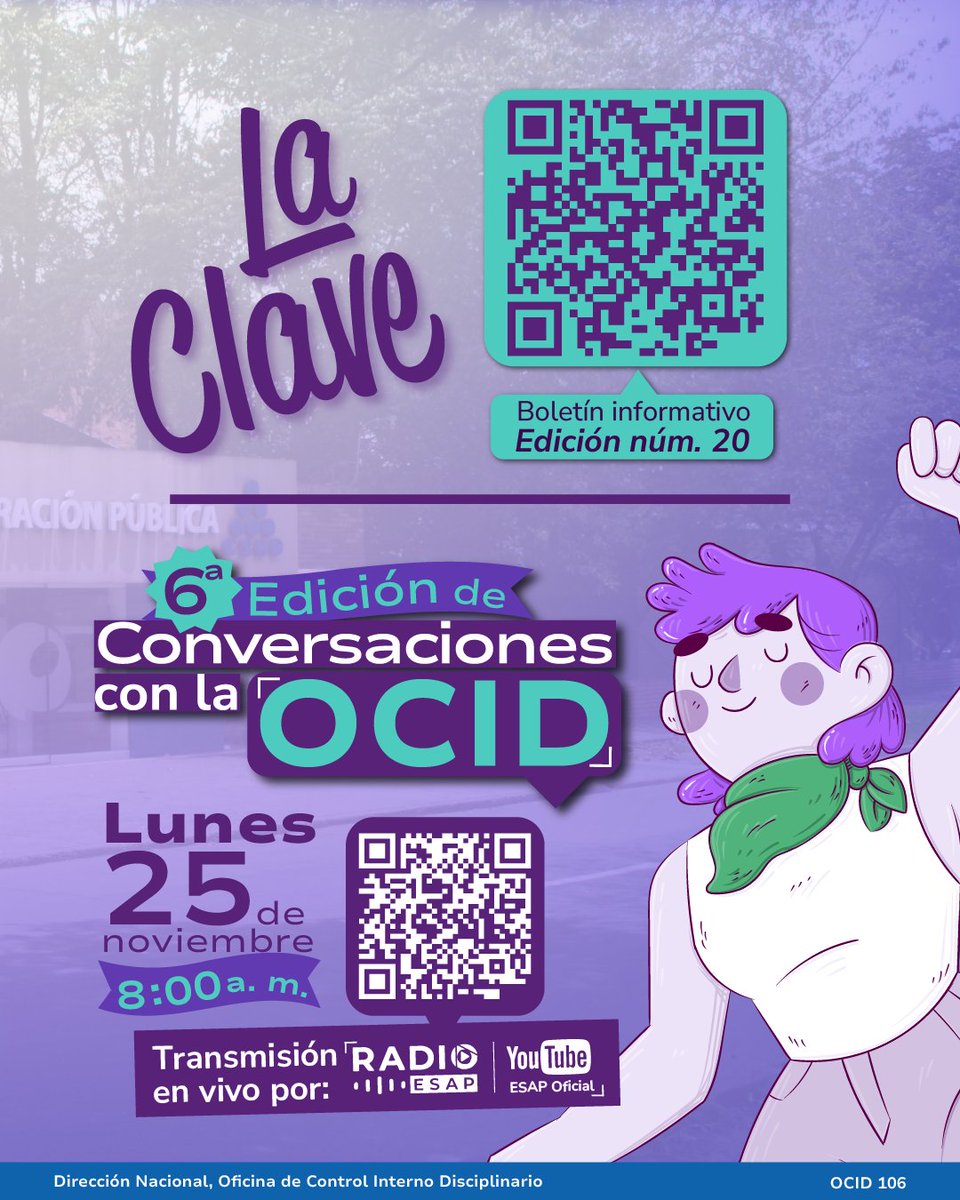 ESAPOficial's tweet photo. 💜 Hoy, #25N, la ESAP conmemora el Día Internacional de la Eliminación de la Violencia contra la Mujer.  
📌 Conoce el Boletín La Clave y la 6.ª edición de “Conversaciones con la OCID”. 
🔗 En vivo: https://t.co/ttU53iRpGE 
📰 Boletín: https://t.co/GuaccprIb1 
#NoALaViolencia https://t.co/ChxFIUVSmi