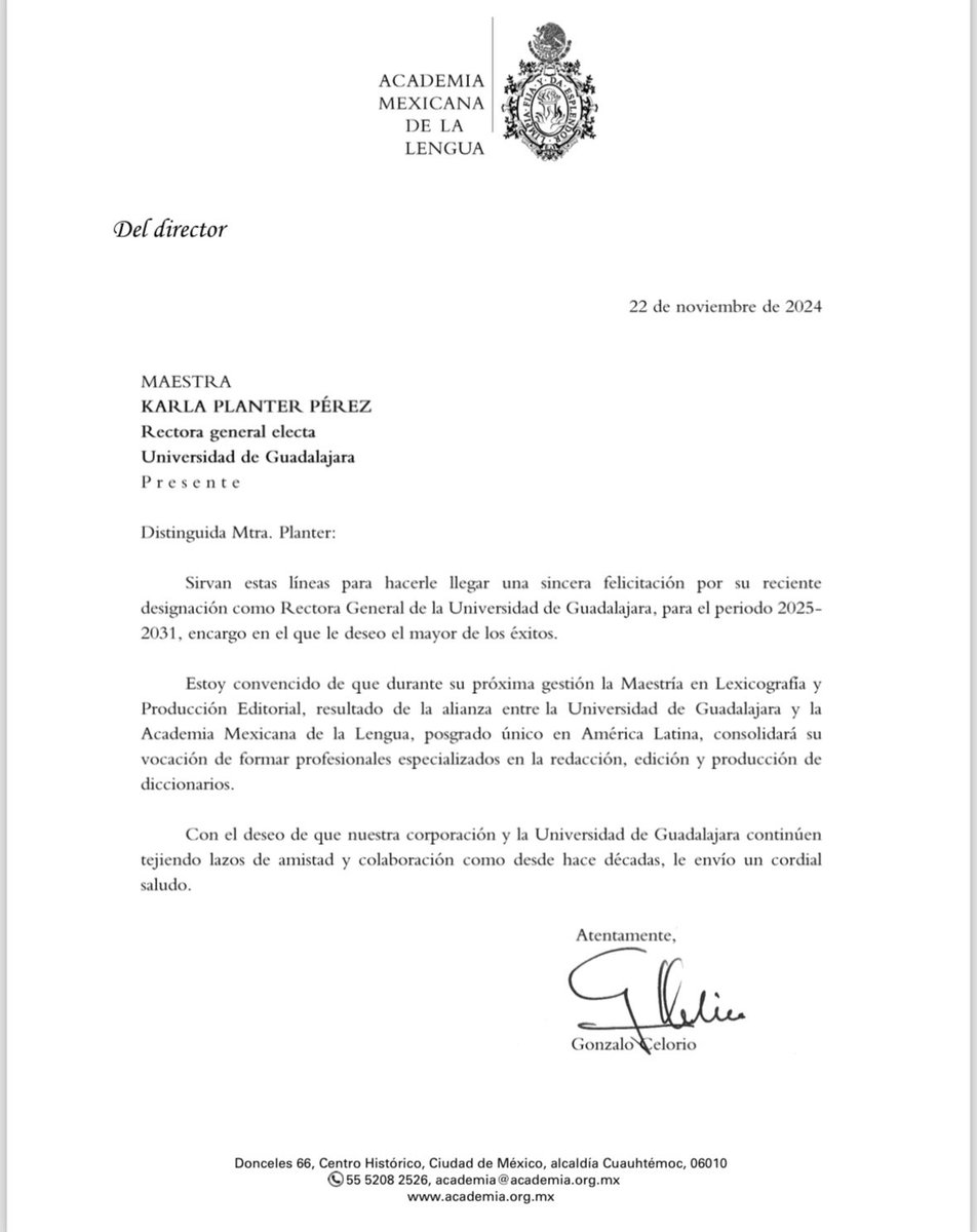 KarlaPlanter1's tweet photo. Agradezco profundamente a la @AMLengua y a su director, Gonzalo Celorio, por su generosa carta de felicitación. 

Es un honor contar con el apoyo de una institución que encarna la riqueza de nuestra lengua y cultura. 🙏 https://t.co/RwkKEqVUsF