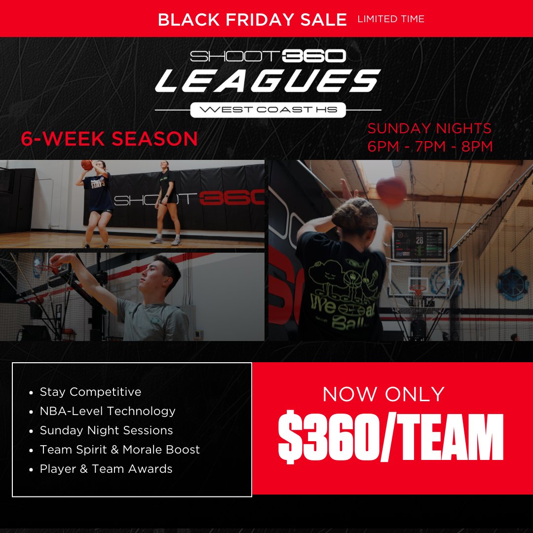 🏆 Compete. Improve. Have Fun! Join the High School Shooting League at Shoot 360! 💥 Black Friday Special: Just $360/team!

📅 Sundays | ⏰ 6-9 PM

📞 Call or click the link in bio to sign up!

#shoot360 #basketballleague #ultimatefieldhouse #bayarea #basketball