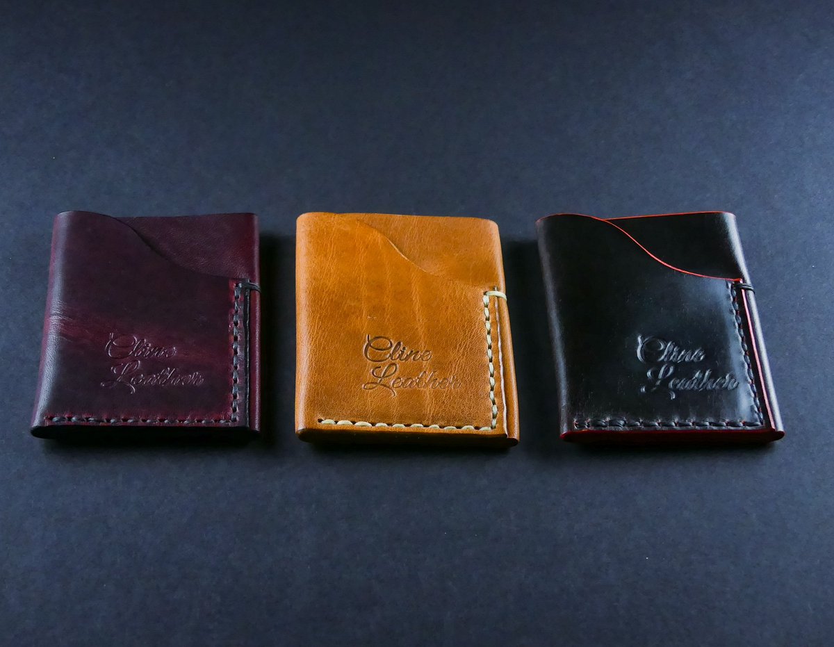 Front pocket wallets. Horween brown russet, English tan, black Cherry ghost leather.

#leather #leatherwallet #handmade #wallet #edc