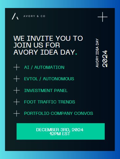 _SeanDavid's tweet photo. Happy to share that @AvoryCo Idea Day 2024 is broadcasting December 3rd at 12 EST. 

Guest like Mark Mahaney, Michael Halen, PlacerAi and others. 

SIGN UP HERE: https://t.co/8eHFmJ9DqP https://t.co/v9Mmb4owQf