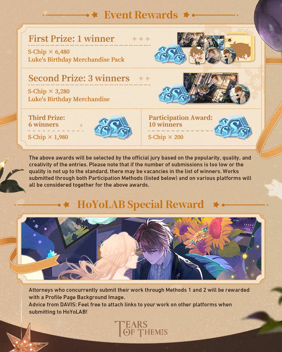 TearsofThemisEN's tweet image. ✦ Luke's Birthday Fan Art Event ✦

🎁Follow &amp;amp; Repost
🎁Luke's Birthday Merch Box (1 winner)

🖼️ To Join the Fan Art Event
① Publish your work with #TearsOfThemis #HBDLuke #FanArt &amp;amp; submit your info here: forms.gle/sFnmo8EhnAL4DC…
OR
② Submit on HoYoLAB: hoyo.link/6BRlFBAL