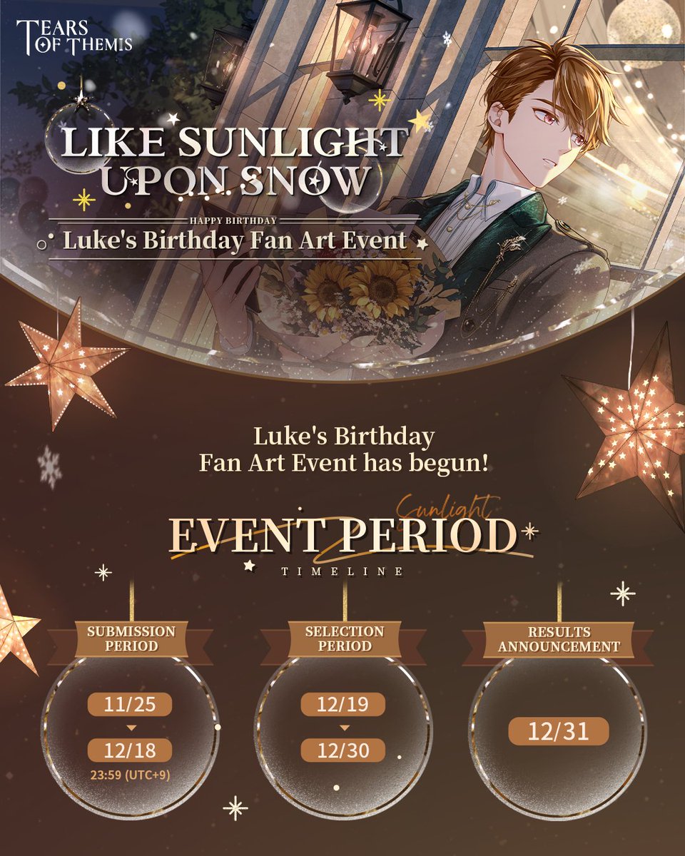 TearsofThemisEN's tweet image. ✦ Luke's Birthday Fan Art Event ✦

🎁Follow &amp;amp; Repost
🎁Luke's Birthday Merch Box (1 winner)

🖼️ To Join the Fan Art Event
① Publish your work with #TearsOfThemis #HBDLuke #FanArt &amp;amp; submit your info here: forms.gle/sFnmo8EhnAL4DC…
OR
② Submit on HoYoLAB: hoyo.link/6BRlFBAL