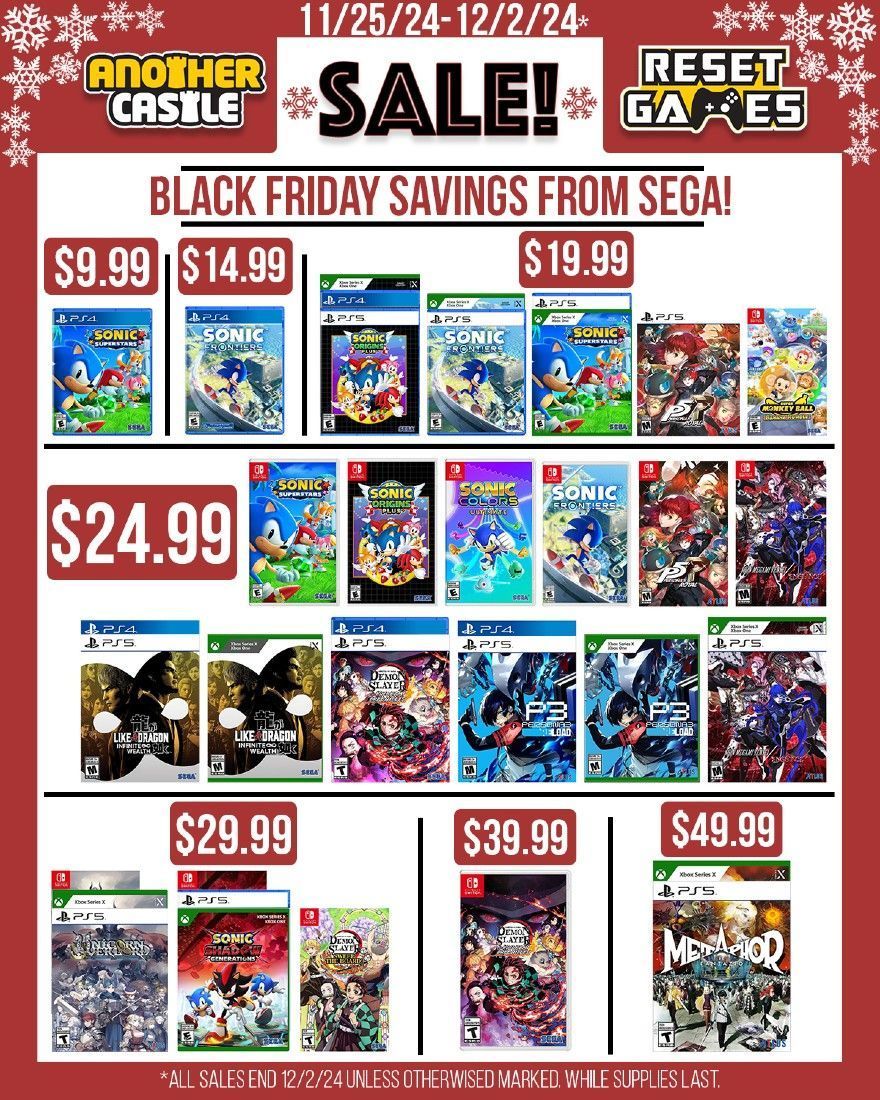 ResetGames's tweet photo. Black Friday is starting Monday this year - from 11/25/24 - 12/2/24, you can score some big discounts on select new titles while supplies last! We've also got our own unique promotions happening, with tons of markdowns on Funko POP, &amp; a free plushie w/a a purchase of $50 or more! https://t.co/h5btE2IeCL