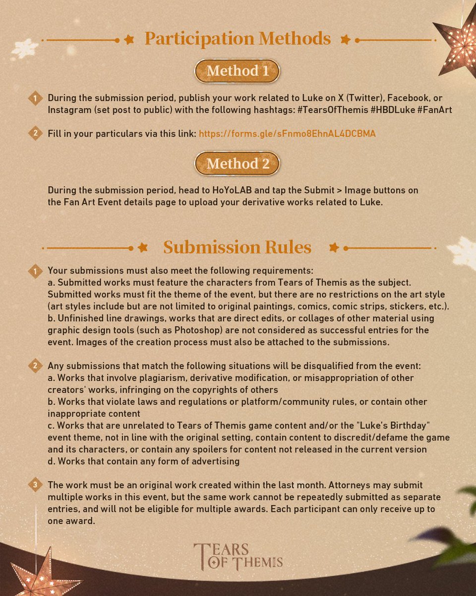 TearsofThemisEN's tweet image. ✦ Luke's Birthday Fan Art Event ✦

🎁Follow &amp;amp; Repost
🎁Luke's Birthday Merch Box (1 winner)

🖼️ To Join the Fan Art Event
① Publish your work with #TearsOfThemis #HBDLuke #FanArt &amp;amp; submit your info here: forms.gle/sFnmo8EhnAL4DC…
OR
② Submit on HoYoLAB: hoyo.link/6BRlFBAL