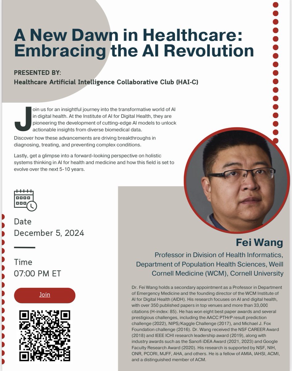 Thrilled to share what we are working on at <a href="/WCM_AIDH/">WCM Institute of AI for Digital Health</a> and my personal vision on the future of #AI4Health. Scan the barcode to register.