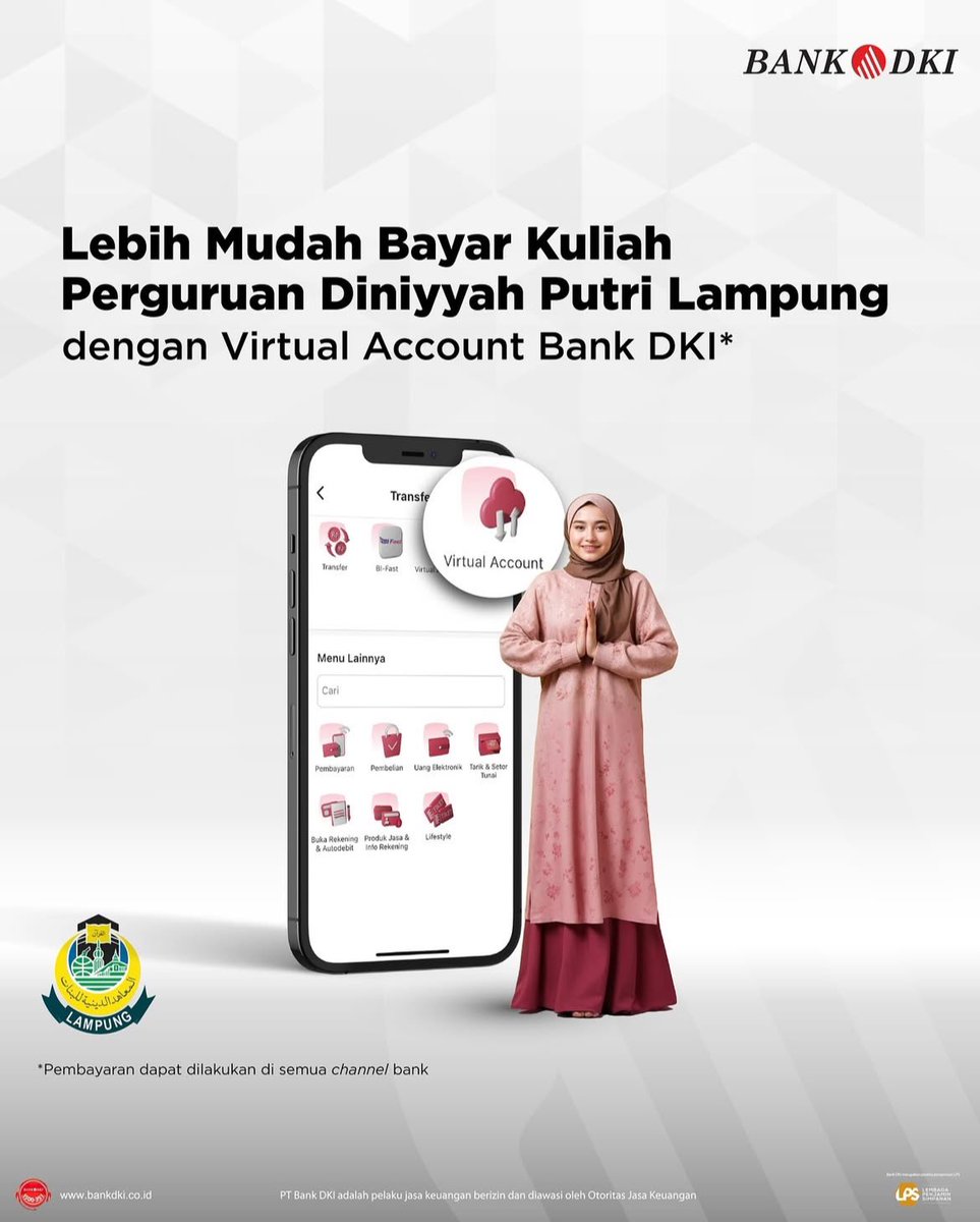 Bayar kuliah jadi makin praktis! 🎓✨ 

Pembayaran kuliah di Perguruan Diniyyah Putri Lampung kini lebih mudah dengan Virtual Account Bank DKI. Akses kapan saja dan dimana saja melalui berbagai channel bank! #BankDKI #VirtualAccount #JakOneMobile #DiniyyahPutriLampung