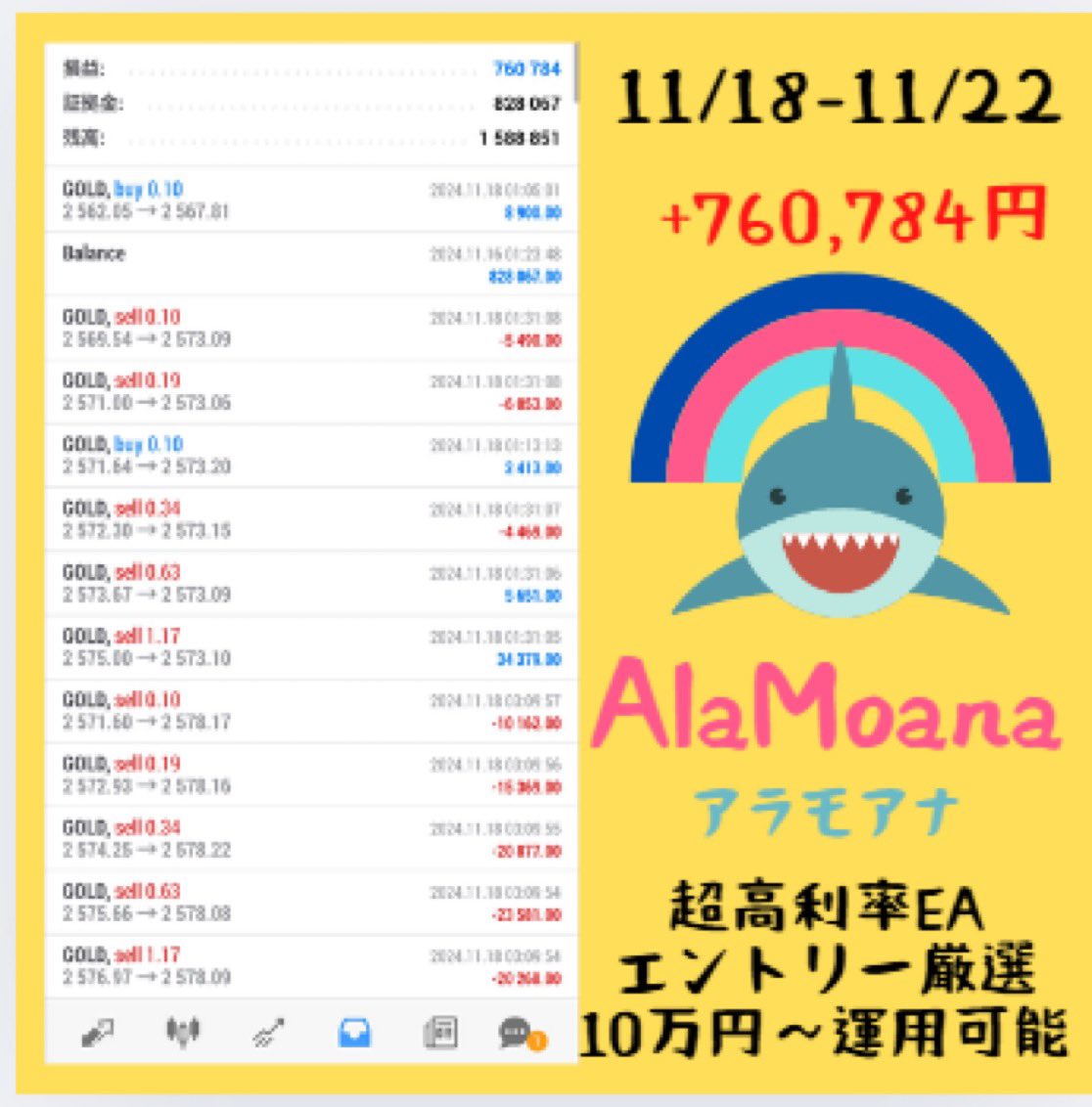 先週報告
FX自動売買✨

11/18～11/22の5日間
 
🕊アラモアナ🕊
 🍏超高利率ゴールドEA🍏

 ＋760,784円
 
☑証拠金10万円～ 
☑月利200％想定 

✨無料eaはプロフのURLから✨

ad 獲得調査　新NISA