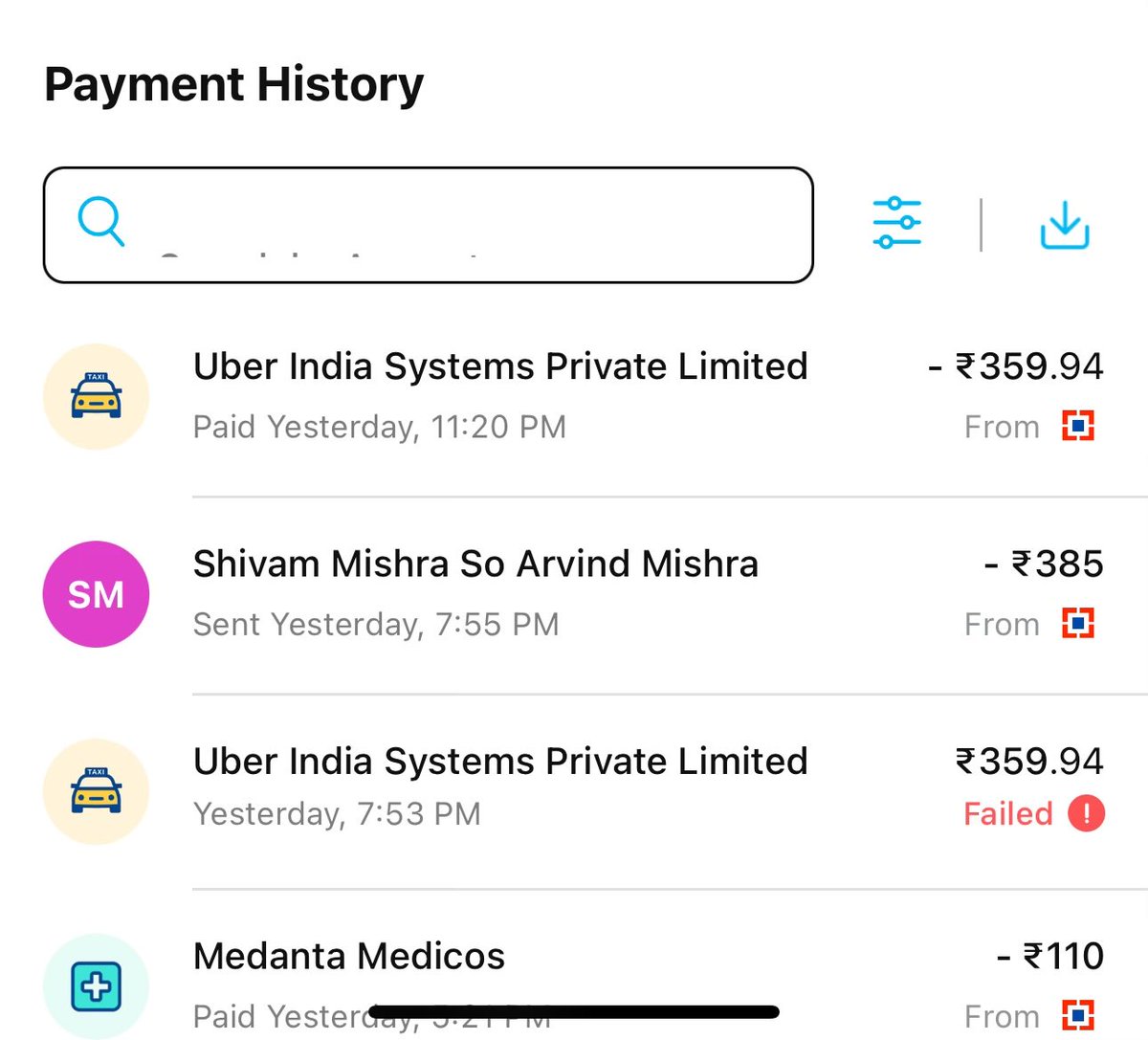 komchan71's tweet photo. @UberIN_Support @surabhiprabhu8 Yesterday I booked a cab selected Paytm pmt mode but at destination pmt failed.. driver insisted for cash pmt which I made for higher amt rs 385 . later while return trip booking amt was showing as unpaid which also I paid rs 359. Pls refund amt.  screenshot attached. https://t.co/I1Xeaoj6kF