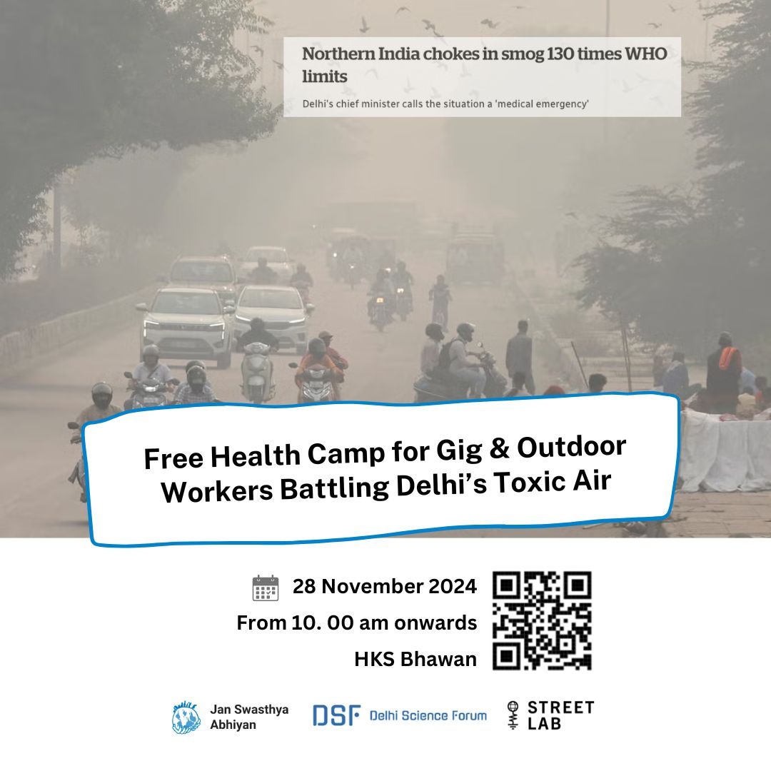 <a href="/STREETLab_UofT/">STREET Lab</a> is joining hands with Jan Swasthya Abhiyan &amp; Delhi Science Forum to offer free health check-ups for gig &amp; informal workers who have no choice but to work even when Delhi's AQI soars above 1000+. 

Reach out to <a href="/DharDipsita/">Dipsita</a> if you'd like to get involved!