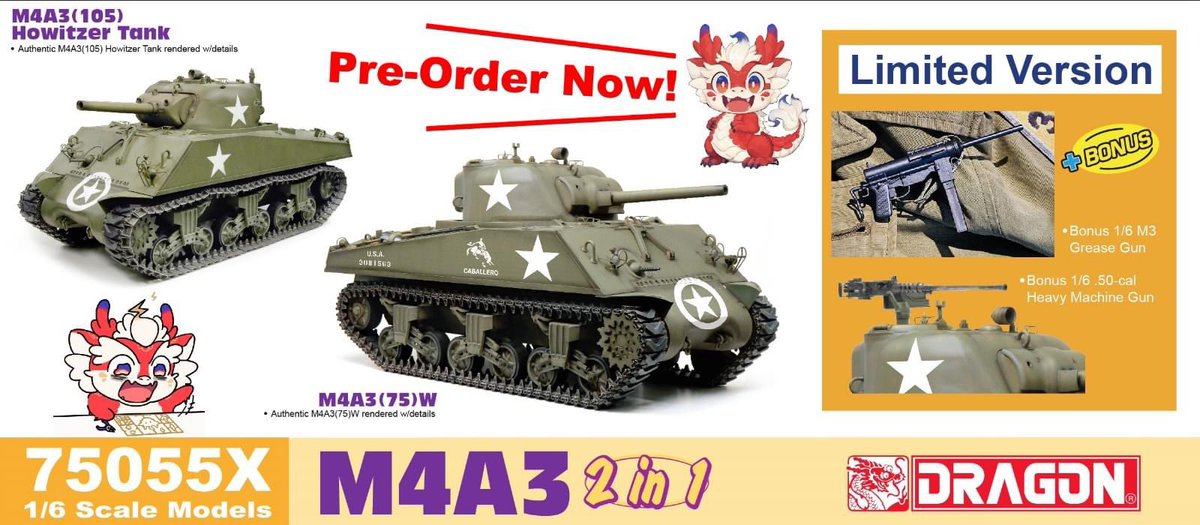 DragonModels's tweet photo. PRE-ORDER NOW!! ✨
#75055X - 1/6 M4A3 (2 in 1)
Shop: https://t.co/PwP6j2Th7P
#dragonmodels #modelkit #scalemodel #scalemodels #militarytank #militaryvehicle https://t.co/wpHRAJUgf3