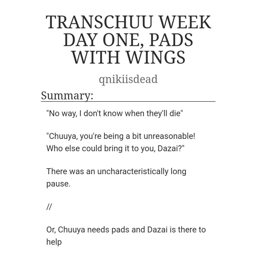 #Transchuuweek2024 
<a href="/Transchuuweek/">Transchuu Week 2024</a> 
pls accept my late entry.... 

archiveofourown.org/works/60823393