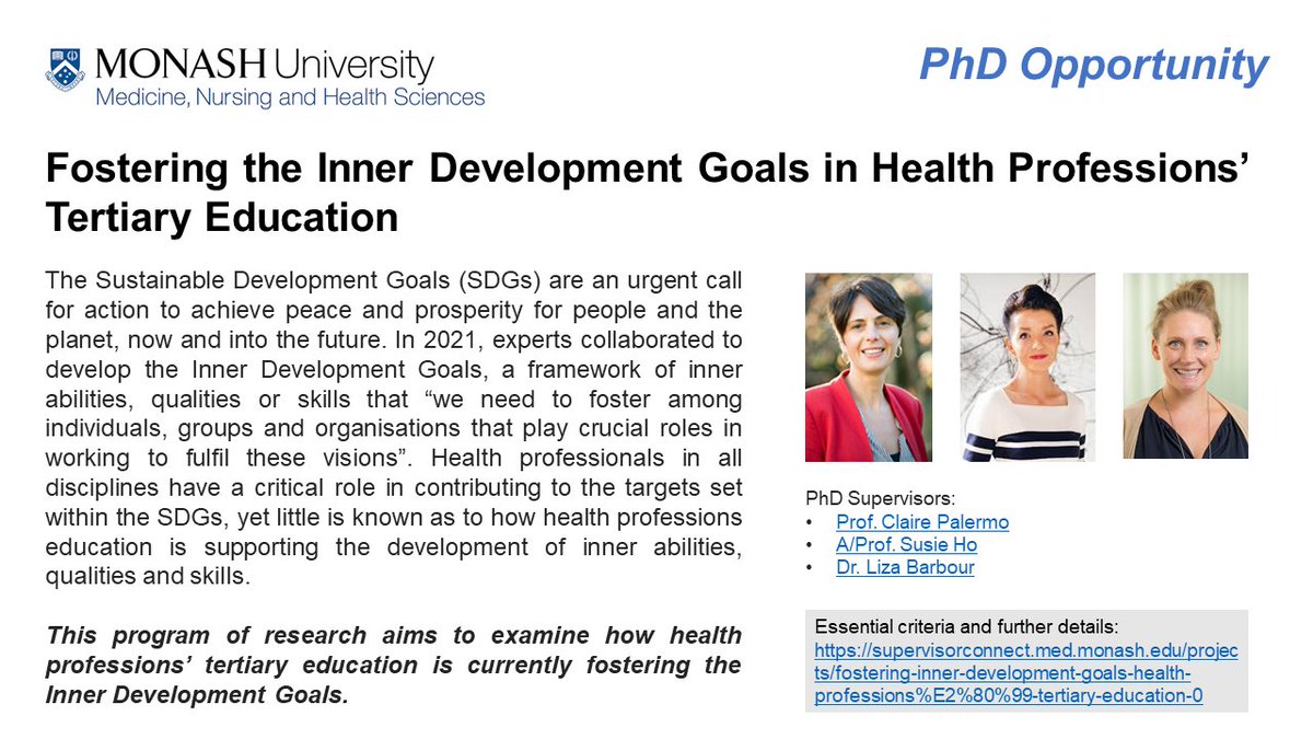 Liza Barbour (@liza_r_barbour) on Twitter photo Are you considering a PhD next year? Or know someone who is?
This is a great opportunity to join @ClairePalermo <a href="/SusSci/">Dr Susie Ho</a> and I to examine health professions’ tertiary education and the #InnerDevelopmentGoals
supervisorconnect.med.monash.edu/projects/foste…
#SustainableDevelopment #planetaryhealth #PhD Are you considering a PhD next year? Or know someone who is?
This is a great opportunity to join @ClairePalermo <a href="/SusSci/">Dr Susie Ho</a> and I to examine health professions’ tertiary education and the #InnerDevelopmentGoals
supervisorconnect.med.monash.edu/projects/foste…
#SustainableDevelopment #planetaryhealth #PhD