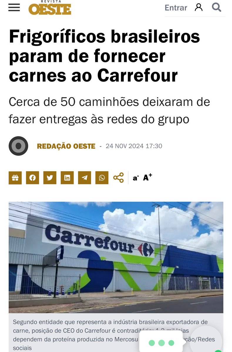 RafaelFontana's tweet photo. O Carrefour achou uma boa ideia parar de importar a carne do Brasil.
Só não esperava a reação do agro.
Já está faltando carne nas gôndolas, e o estoque da rede francesa deve acabar nesta semana. https://t.co/qxMXaA19rI