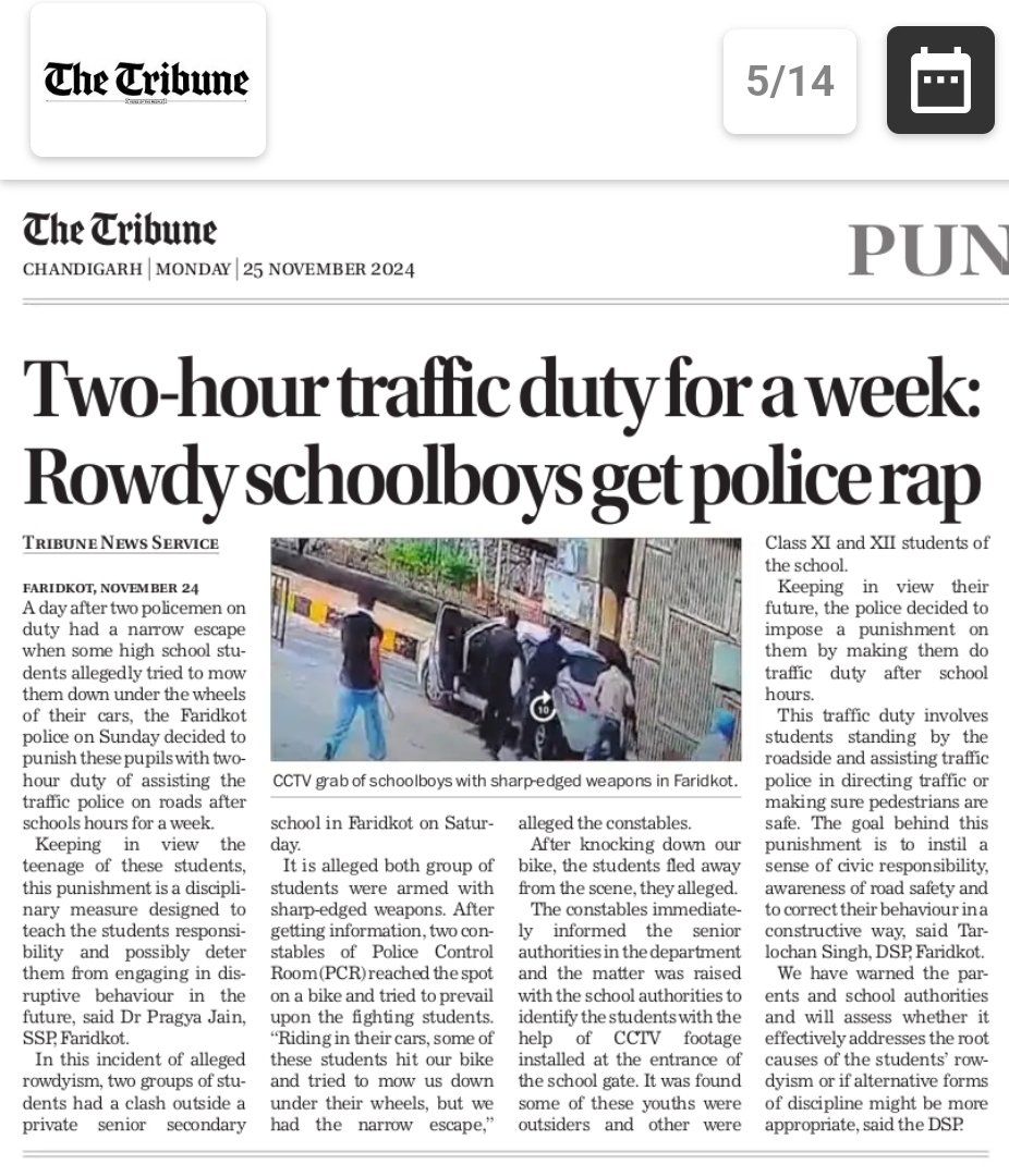 raizadaraj's tweet image. An appreciative step of @FaridkotPolice Chief @DrPragyaJain3. #Kudos to onduty cops too. 🫡

More #disciplinary #measures r req. fr such #youth by involving #Parents.

@DGPPunjabPolice @PunjabPoliceInd @GurpreetDeo3
@thetribunechd @jomalhotra
#teenagers 

tribuneindia.com/news/punjab/tw…