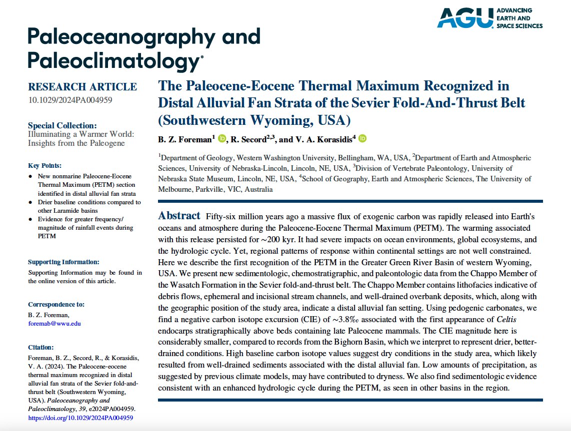 Excited to see our new paper published in <a href="/AGU_Paleo/">AGU_Paleo</a>! We describe a new nonmarine #PETM section and find evidence for a greater frequency/magnitude of rainfall events! <a href="/UniMelb/">University of Melbourne</a> <a href="/SciMelb/">Science at Melbourne</a> dx.doi.org/10.1029/2024PA…