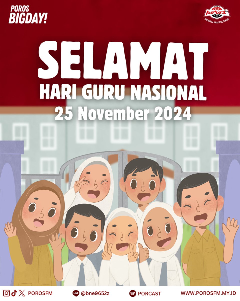 porosfm's tweet image. Selamat Hari Guru, Sobat Poros! 📚

25 November, diperingati sebagai hari penghargaan atas jasa para guru dalam mencerdaskan bangsa dan memperjuangkan kemerdekaan Indonesia melalui Pendidikan. Terima kasih pahlawan tanpa tanda jasa!

#BigDay #HariGuru #PorosFM