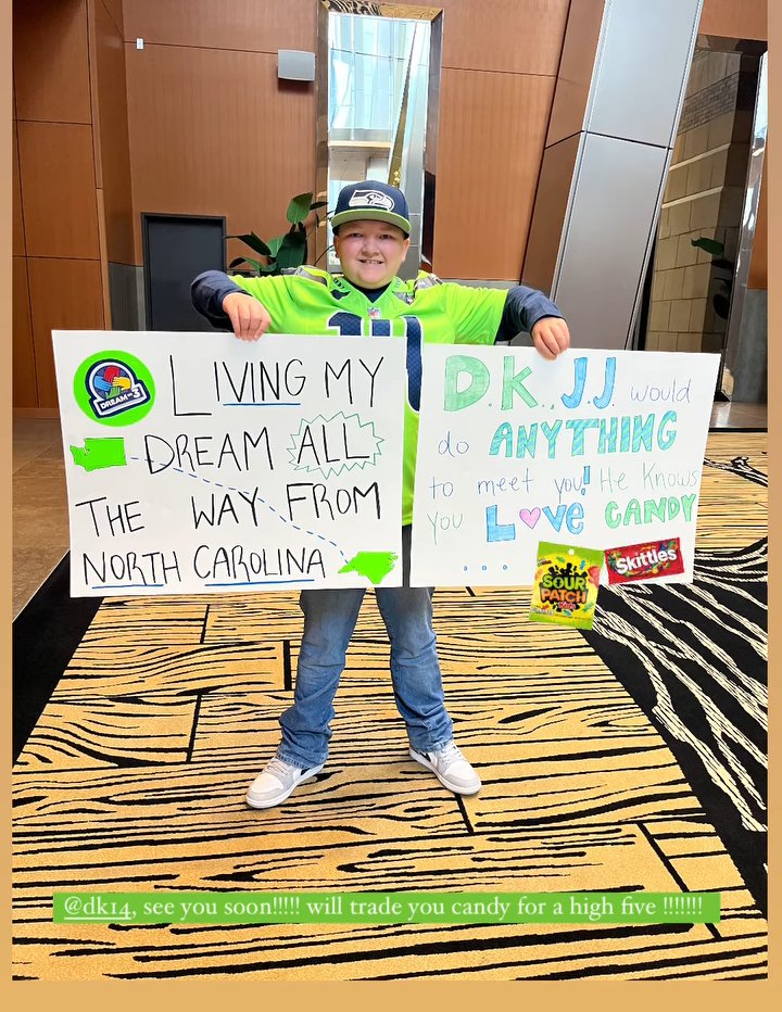 Ok X, help a brother out! JJ has had an awesome dream weekend thanks to Dream on 3!! Still hoping to meet his hero <a href="/dkm14/">DeKaylin Metcalf</a> before we fly out in the morning. Who can make this happen?