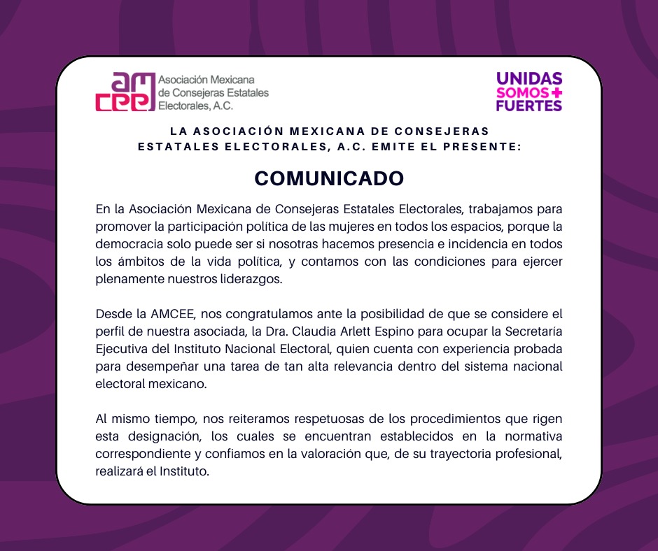 Quienes integramos #AMCEE, reconocemos la experiencia en materia política electoral y el profesionalismo de Claudia Arlett Espino, por lo que nos congratulamos  ante la posibilidad de que nuestra asociada sea considerada para ocupar la Secretaría Ejecutiva del <a href="/INEMexico/">@INEMexico</a>