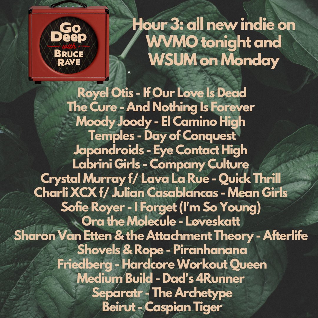 I'm spinning 47 of the coolest, most important uptempo indie rock jams these 3 hours: 9-midnight CT <a href="/WVMO987/">The Voice of Monona</a>  and Monday 5-8a CT <a href="/WSUM/">WSUM</a> FM. Both stations stream on their sites and on TuneIn.