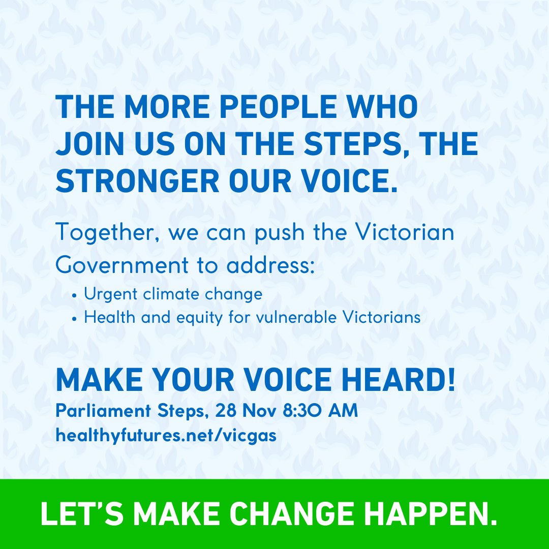 🚨 TOMORROW: TAKE A STAND 🚨

📅 Join us tomorrow, Nov 28, 8:30 AM, Parliament Steps to demand clean, safe energy for all Victorians.
Can’t join? Sign the letter: healthyfutures.net.au/vicgas

#GasFreeHomes #ClimateAction #HealthEquity