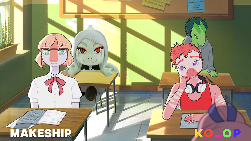Screenshot from Goodbye Volcano High. Students are seated in a classroom, and Fang has been replaced with their plushie counterpart. Makeship’s logo and KO_OP’s logo are in the bottom left and right corners.